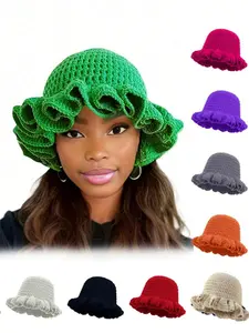 1pc Solid Color Hand-Knitted Crochet Cap, Bohemian Style Pleated Floppy Hat With Ruched Brim, Casual Cute Retro Street Fashion Polyester Knit Bucket Hat