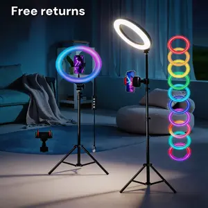 12-Inch RGB Color Changing Ring Light with 63-Inch (1.6m) Floor Tripod Stand, 18-Color LED Video Light with Cellphone Clip & Selfie Accessories for Home Studio, Party Decoration, Live Performances