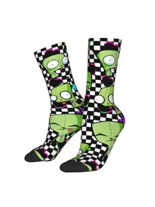 Y2K Emo Checkerboard Socks, Funny Green Robot Dog Graphic, 2000s Scene Aesthetic