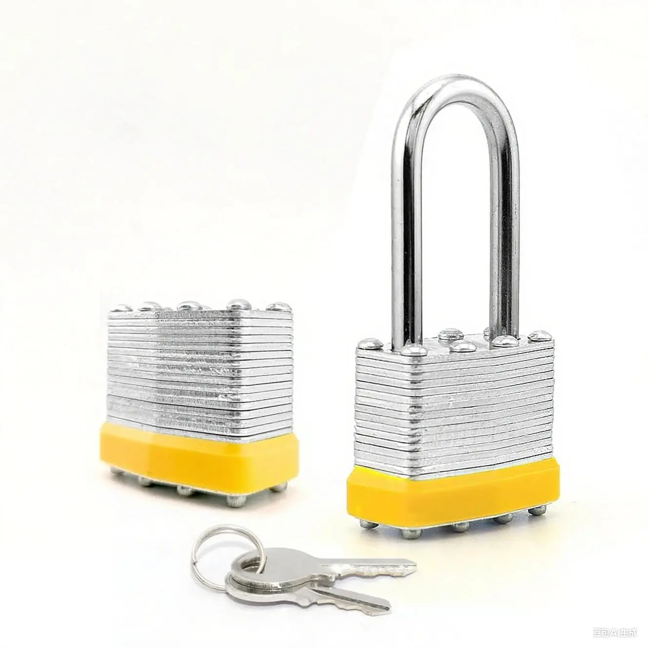 Laminated Keyed Alike Box Lock Padlock (Pack of 2) - 1-9/16 Inches (40mm) Wide, Long Shackle, Yellow Marked Plastic Hoop, 1.65 x 0.98 x 3.39 Inches, 15.2 oz, 4 Keys, Powder-Coated Accent, Versatile Security for Indoor/Outdoor Use