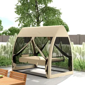 3 Seat Outdoor Swing Chair Convertible Covered Day Bed with Canopy, Mesh Netting, Steel Stand for Garden, Patio, Coffee