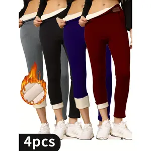 4 Pieces of High Waist Slim Winter Velvet Padded Leggings, with Oversized Pockets on Both Sides, Suitable for Daily Casual Sports Wear