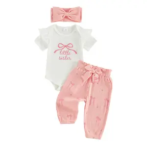 Baby Girls 3-Piece Summer Clothing Set - Embroidered Ruffle Sleeve Romper, Bow Pants, Headband, Infant Newborn Casual Outfits, Newborn Gift Set, Baby Stuff for Girl