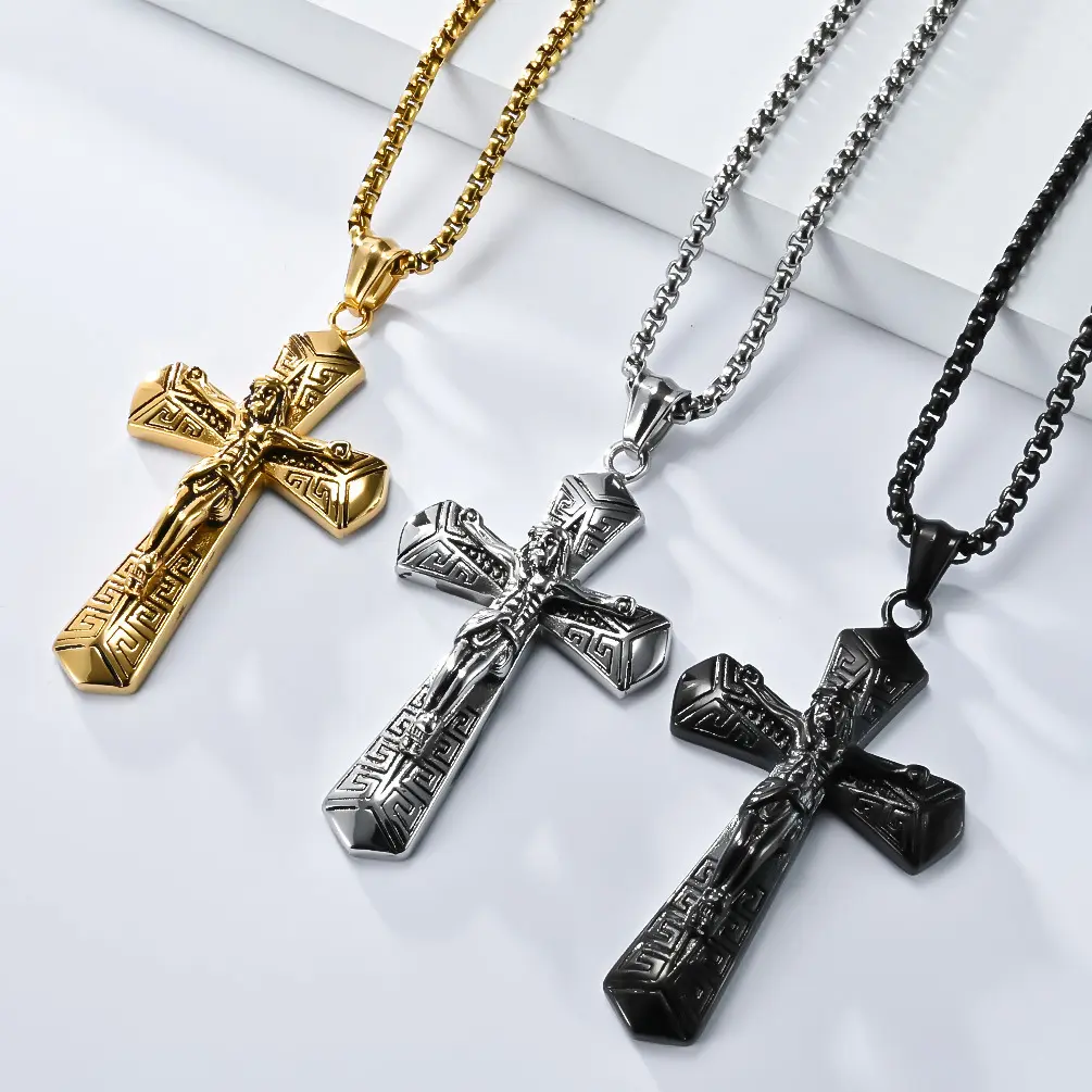 Catholic INRI Cross Crucifix Faith Pendant Necklace, Gold-Silver Tone Stainless Steel Durable Spiritual Chain Jewelry, 22+2 Cross Link Chain, Durable Jewelry, Spiritual Jewelry