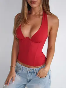 Women Mesh Halter Sexy Fit Crop Top Ladies Backless Tulle Boned Wired Corset Top