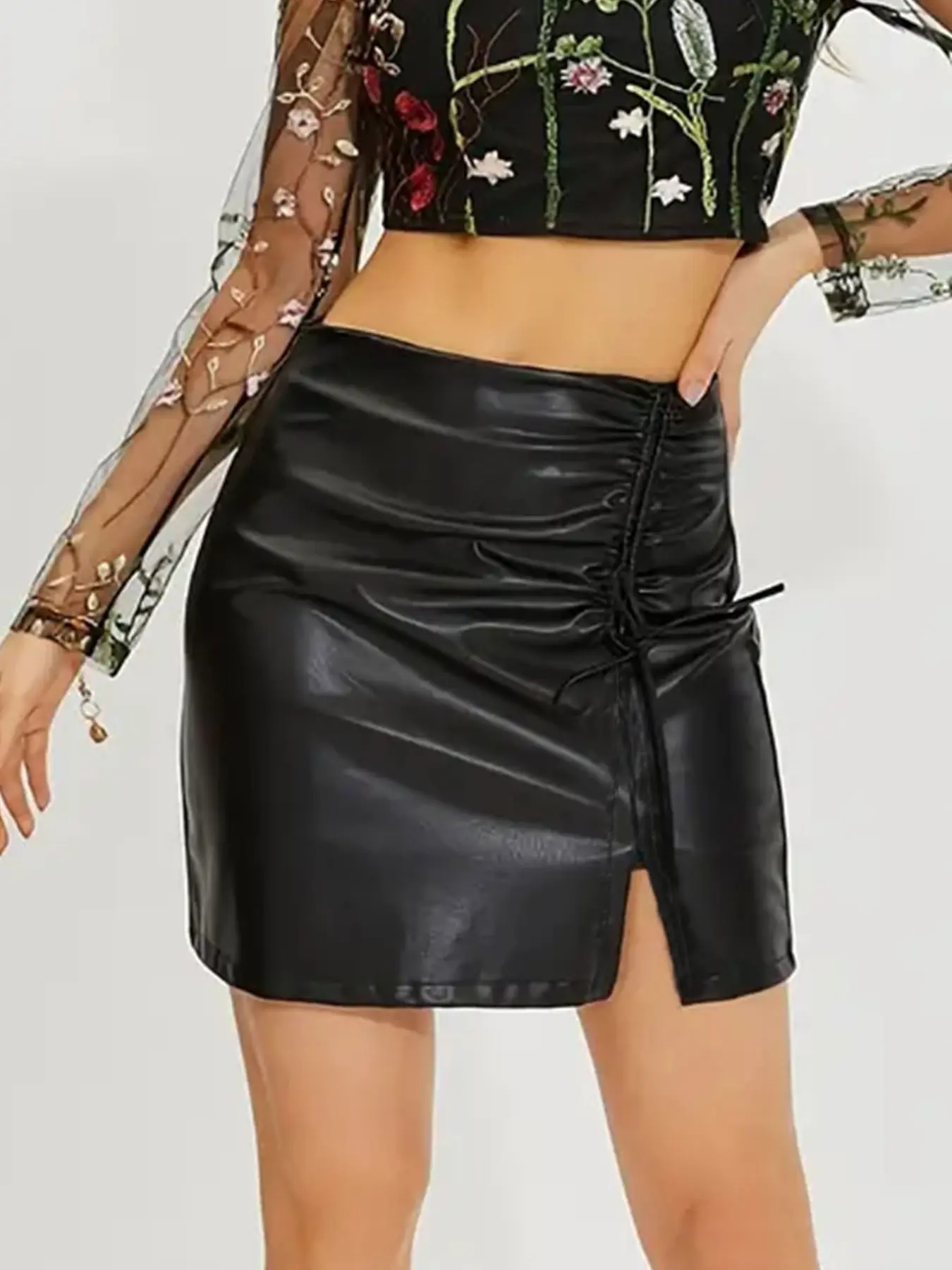 GILIPUR "Sweet & Edgy" Style PU Leather Mini Skirt — Side Drawstring Slit Design | High-Waisted, Slimming, and Sassy — Everyday "It-Girl" Wear | TChic Womenswear