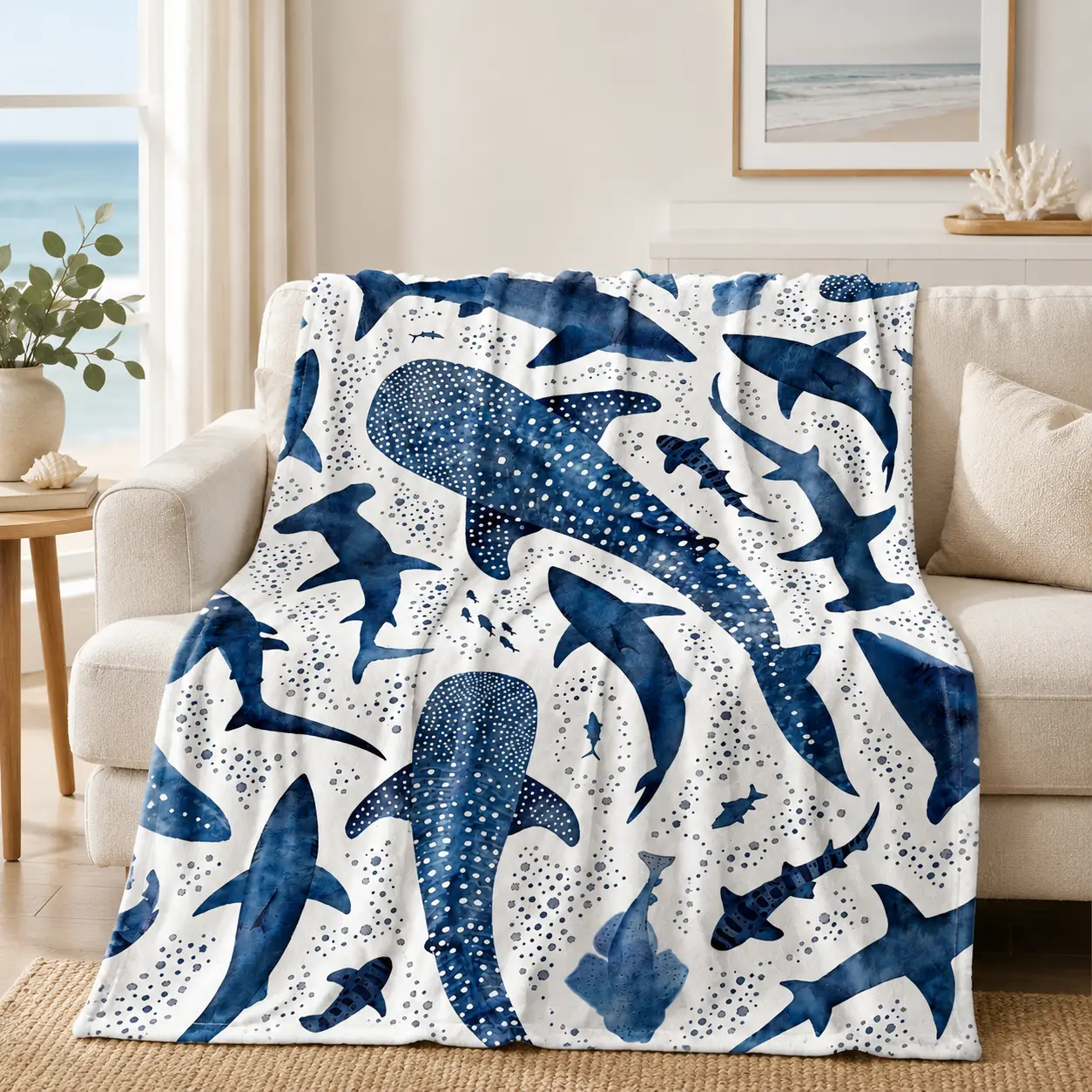 Romantic Ocean Style Whale Shark Pattern Flannel Blanket Warm Soft Comfortable Nap Throw Blanket for Children Adults All Season Cozy Blanket for Bed Sofa Bedroom Home Decor Gift