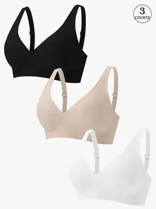 3 Pack/5 colors V-neck seamless jelly women's underwear, Seamless everyday bra, Daily casual/commuting S-3XL Four-row two-buckle Comfortable breathable No Underwire Wireless adjustable strap bra Supportive gathering Sports back women's bra
