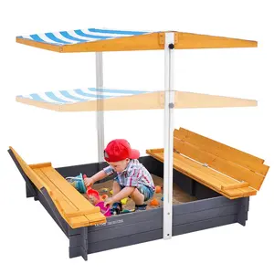 Summervibes VEVOR Wooden Sandbox with Canopy, 57.3x 47.2x 47.2 in Sand Box, Sand Pit with Foldable Bench Seats and Bottom Liner, Natural Wood Kids Sandbox for Outdoor Backyard, Beach, Park, Gift for Ages 3-12