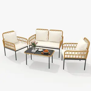 Garvee 4 Pieces Patio Furniture Set,Outdoor All-Weather Wicker Rattan Bistro Set with Glass Table and Thick Cushions Boho Loveseat Chairs for Balcony Garden Backyard Poolside,Beige