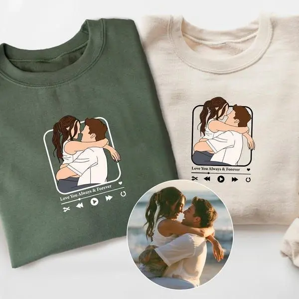Custom Couple Portrait T-Shirt Personalized Cartoon Hug Couple Tee Custom Photo Matching T Shirt Boyfriend Girlfriend Anniversary Gift Wedding Engagement Valentine's Day Unisex Graphic Shirt Custom Love Gift