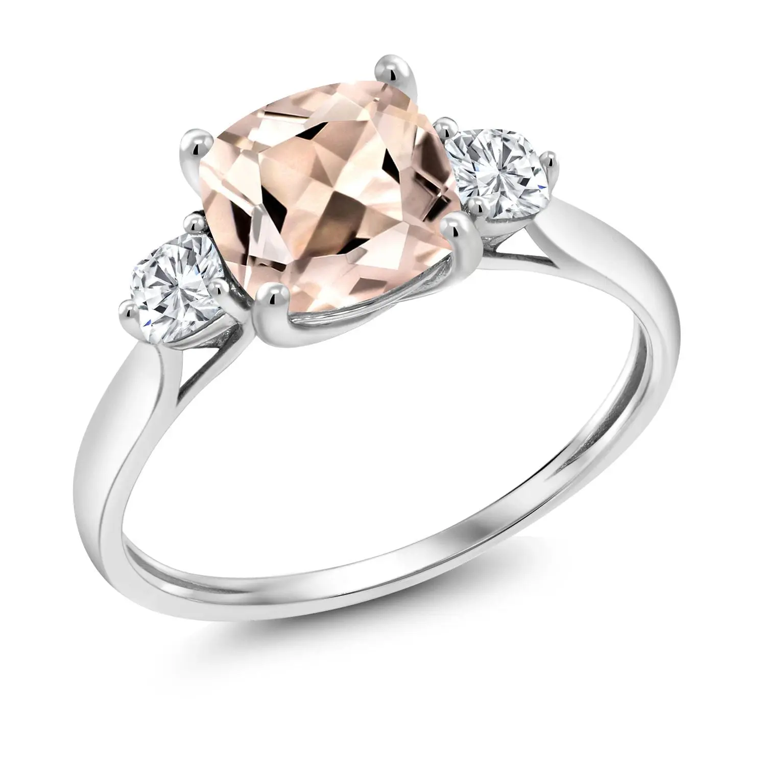 10K White Gold Peach Morganite and Moissanite 3-Stone Engagement Ring For Women | 1.56 Cttw | Cushion 7MM | Gemstone Birthstone | Three Stone Wedding Anniversary Promise Ring
