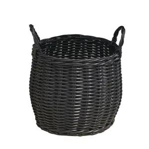 Fahuac Minimalist Round Resin Wicker Storage Basket with Handles - 13x13x10.2in Multifunctional Industrial Rustic Farmhouse Room Decor Organiser, Black, for Clothes, Toys