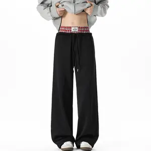Double Waist Washed Baggy Sweatpants Loose Wide Leg Plaid Patchwork Casual Pants with Pockets for Comfortable Wear