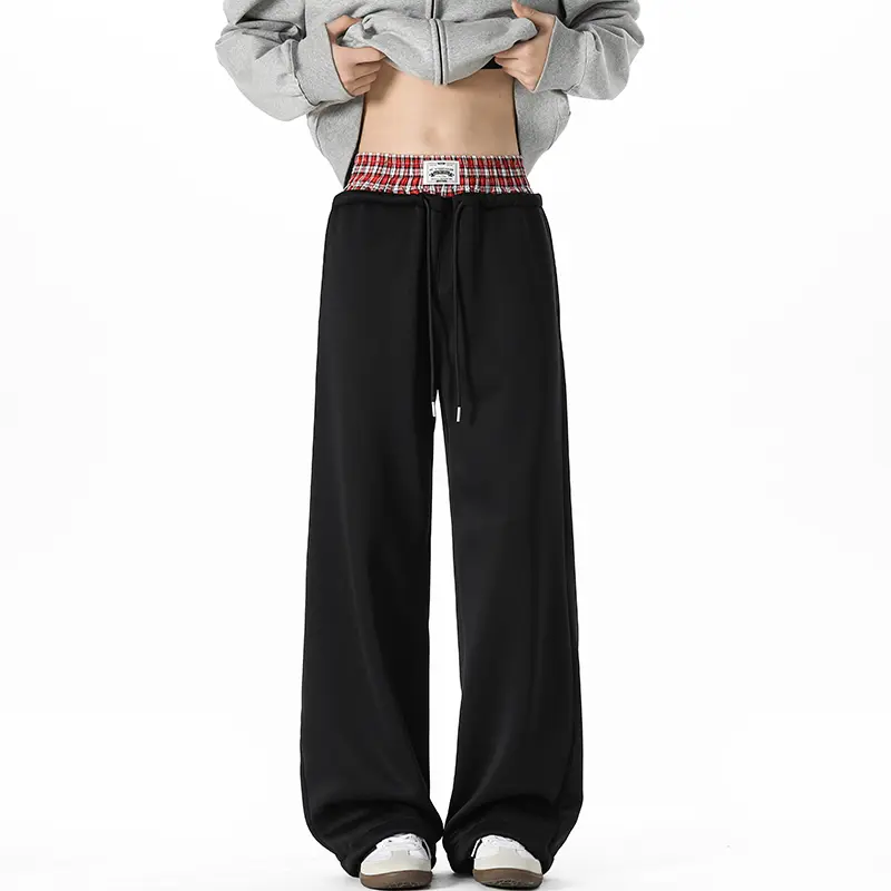[Summer Vibes] Double Waist Washed Baggy Sweatpants Loose Wide Leg Plaid Patchwork Casual Pants with Pockets for Comfortable Wear.There are two specifications: seven points and trousers.Plaid Sweatpants Men's Fit Relaxed