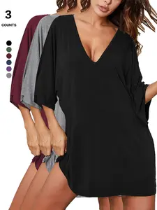 2026 Women's Sleepshirt Deep V Neck Nightgown Batwing Nightshirt Oversized Casual Minimalist Aesthetic Loungewear Sleepwear