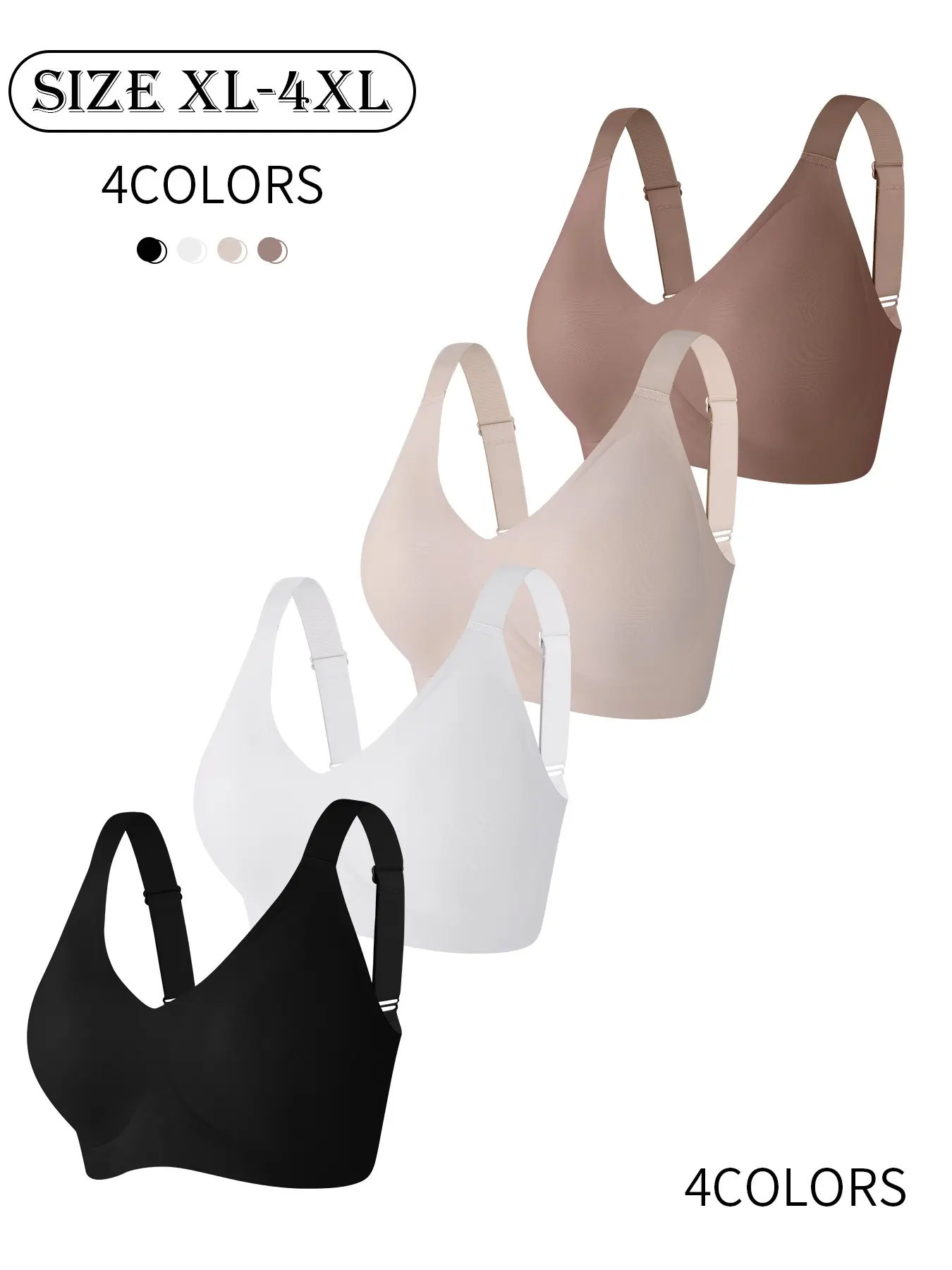 4 Pack / 5 colors,High-Quality Plus Size Women's Seamless Bra, Push-Up Balconette, Full Coverage, Adjustable Straps, Breathable, Comfortable, Casual Lingerie, Underwear