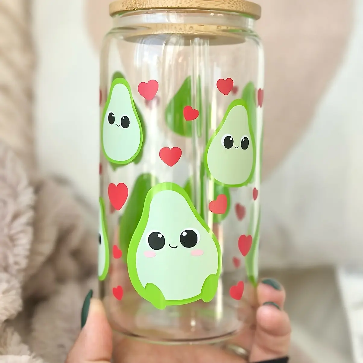 Avocado Cuties 16oz Libbey Glass Can, Valentine's Day Heart Beer Glass, Glass Lid, Reusable Glass Straw