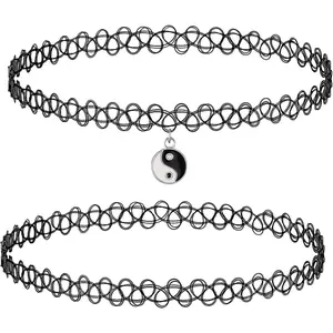 Tattoo choker necklace-90s choker necklace women-2000s black chokers rainbow choker-butterfly Ying Yang unicorn rainbow charms-colorful stretchy elastic necklace