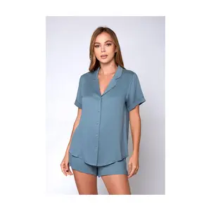 iCollection Cotten & Tencel Blend Button-Up & Short Lounge Set