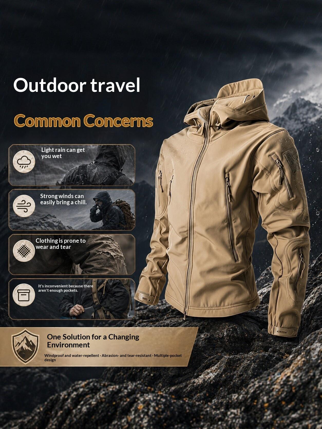 Men’s tactical softshell fleece outdoor jacket, windproof, waterproof, wear-resistant, breathable, multi-pocket mountaineering hiking jacket, Multi-Pockets, Universal Sport