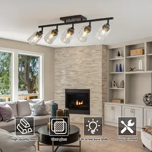 6-Light Track Lighting Kit Black Track Lighting Fixtures Bathroom Wall Sconces Ceiling Mount Kitchen Tracking Lights, Rotatable Spotlight with Clear Glass Shade for Kitchen Shop Hallway