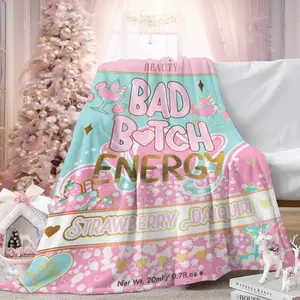 Aesthetic "Bad Bitch Energy " Flannel Fleece Throw Blanket, Pink Mint Coquette Print Cozy Soft Blanket for Girls Bedroom Sofa Dorm, Y2K Style Lightweight Warm Bed Couch Cover for Teens & Adults, Decorative Blanket