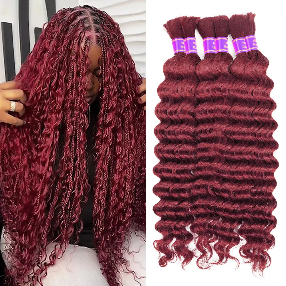99J Burgundy Deep Wave Bulk Human Hair For Braiding No Weft Deep Curly Human Hair for Boho Braids 100g/pc