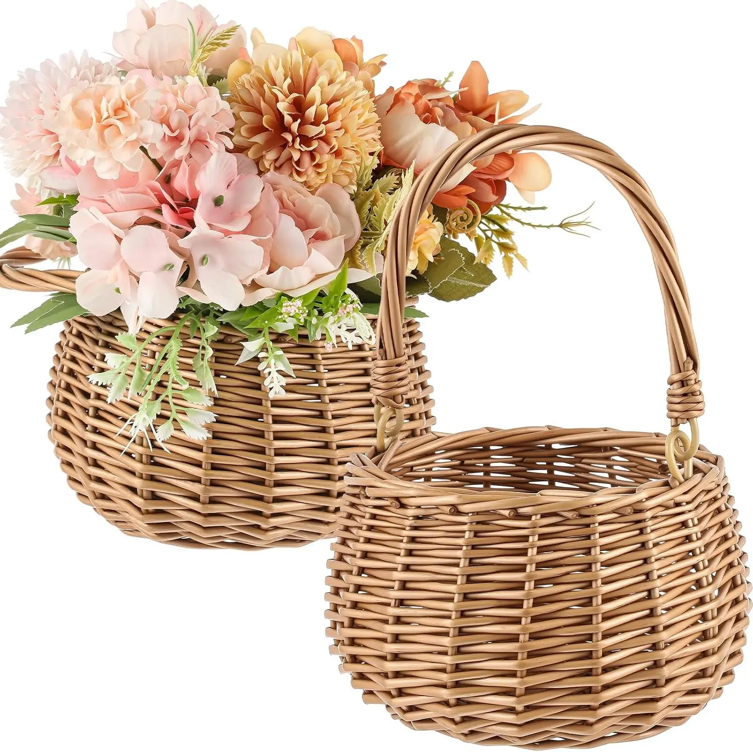 2 Pcs Small Flower Girl Basket with Handle Wicker Rattan Flower Basket Set Rustic Hand Woven for Wedding Home Decorations Picnic Garden Candy Sweets Gifts Storage Multifunctional