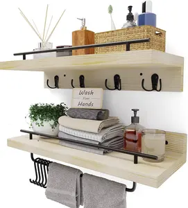 Pine Floating Shelves with, Natural Wood Farmhouse Floating Shelves Over, Set Of 2 Wood Wall Shelves with Removable Bar, Shelf For Living Room Bedroom.