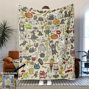 Vintage Halloween Polyester Knit Blanket, Pumpkin & Ghost Design, Perfect for Sofa Bed Car Office Travel, Holiday Decorative Throw