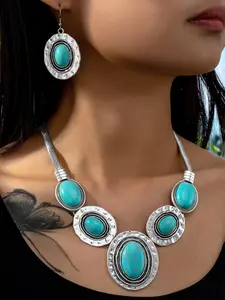 Women's Boho Style Turquoise Texture Decor Jewelry Set, Vintage Trendy Jewelry Set, Including Pendant Necklace, Dangle Earrings, Fashionable Jewelry Set for Party Decoration