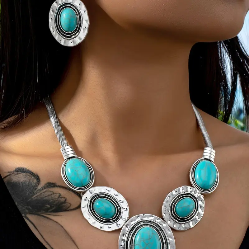 Women's Boho Style Turquoise Texture Decor Jewelry Set, Vintage Trendy Jewelry Set, Including Pendant Necklace, Dangle Earrings, Fashionable Design Jewelry Set for Party Decoration