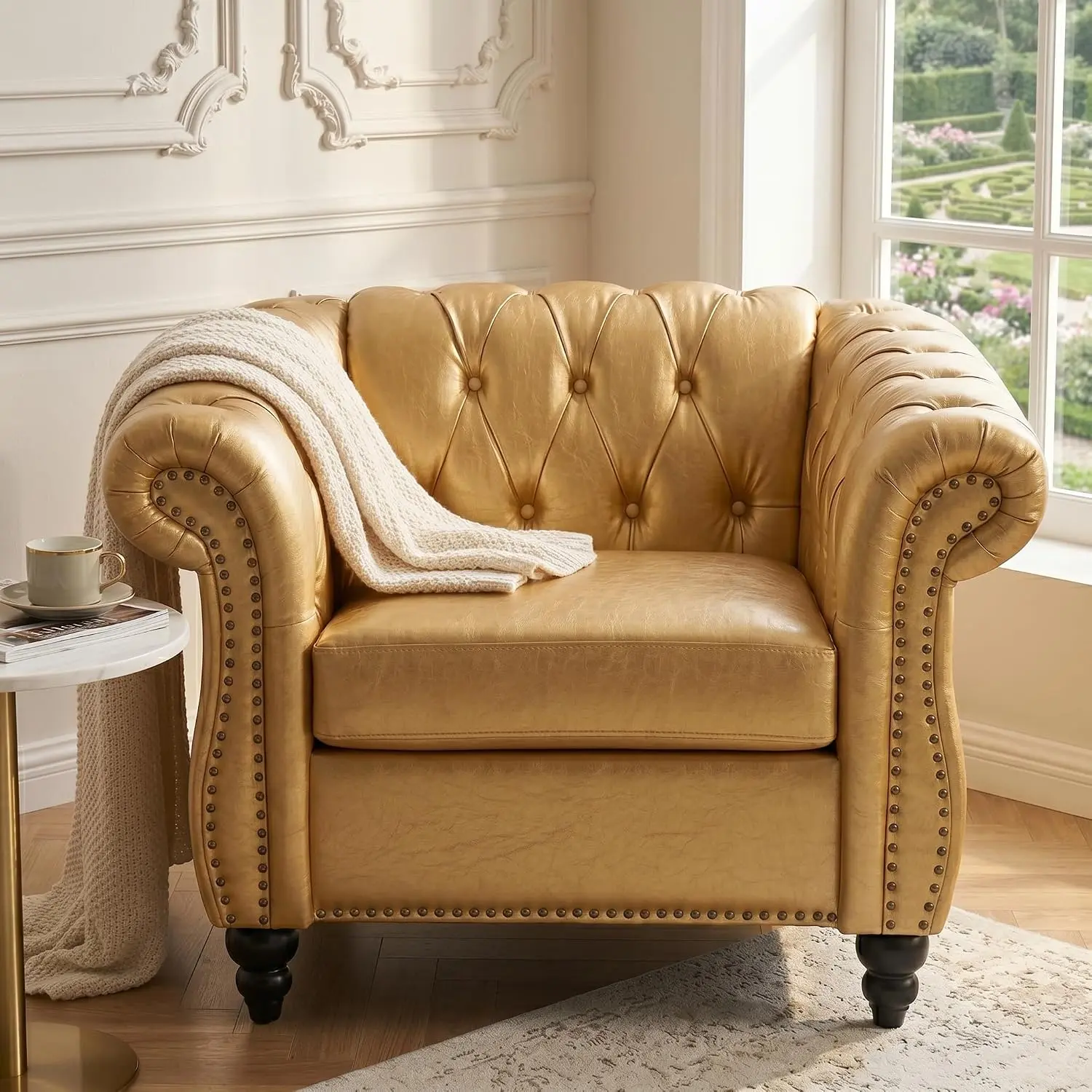 Chesterfield Chair, Faux Leather Chair with Tufted Backrest & Nailhead Trim, Mid Century Modern Couch, Upholstered Armchair with Solid Wood for Living Room Office ApartmentLiving Room Accent Chair Bedroom Chair Office ChairChesterfield Faux Leather Chair