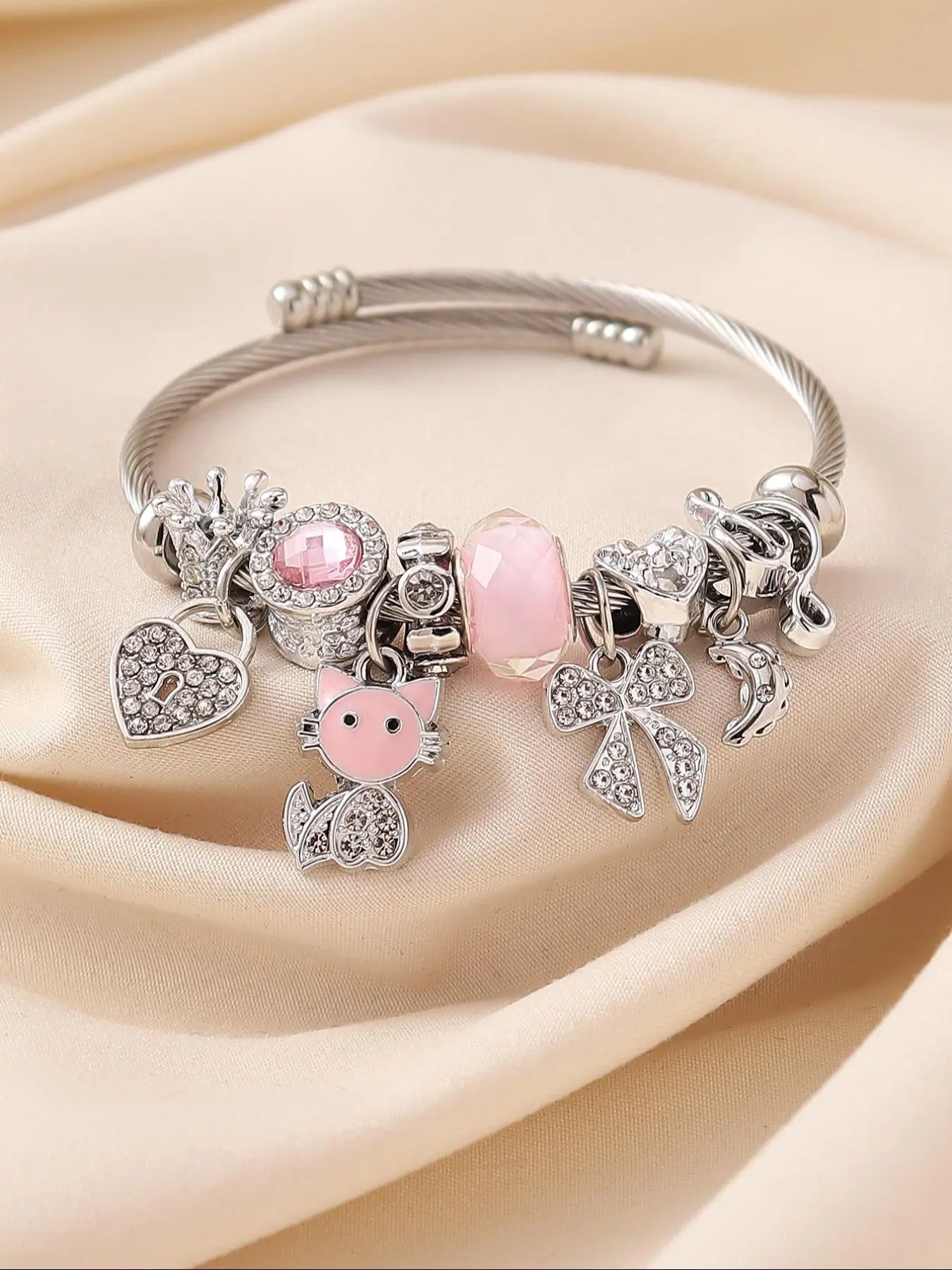 Cat & Heart & Crown Design Charm Bracelet, Trendy Bangles, Heart Shaped Bracelet, Rhinestone Decorated Bracelet, Rhinestone Bangle Bracelet for Women & Girls, Fashion Jewelry for Party, Daily Decor, Birthday Gift