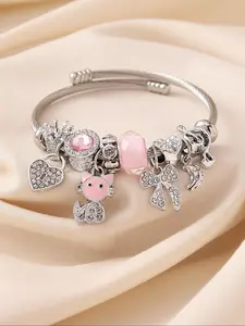 Cute Cat & Heart & Crown Design Charm Bracelet, Heart Shaped Bracelet, Rhinestone Decorated Bracelet, Rhinestone Bangle Bracelet for Women & Girls, Fashion Jewelry for Party, Daily Decor, Birthday Gift, Original Bracelets, Exquisite Bracelet