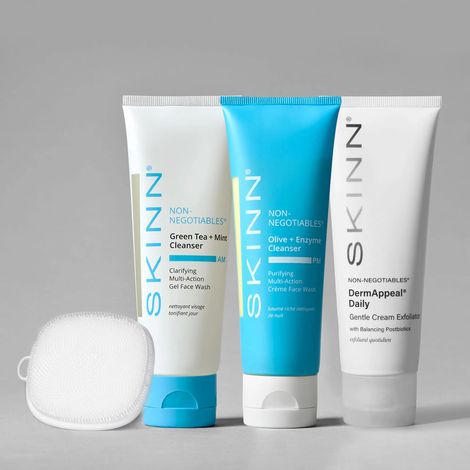 SKINN Cosmetics: The Everyday Polish Kit | DermAppeal Daily + Morning + Night Cleanser + Deep Square Scruby tool SKINN Cosmetics: The Everyday Polish Kit | DermAppeal Daily + Morning + Night Cleanser + Deep Square Scruby tool