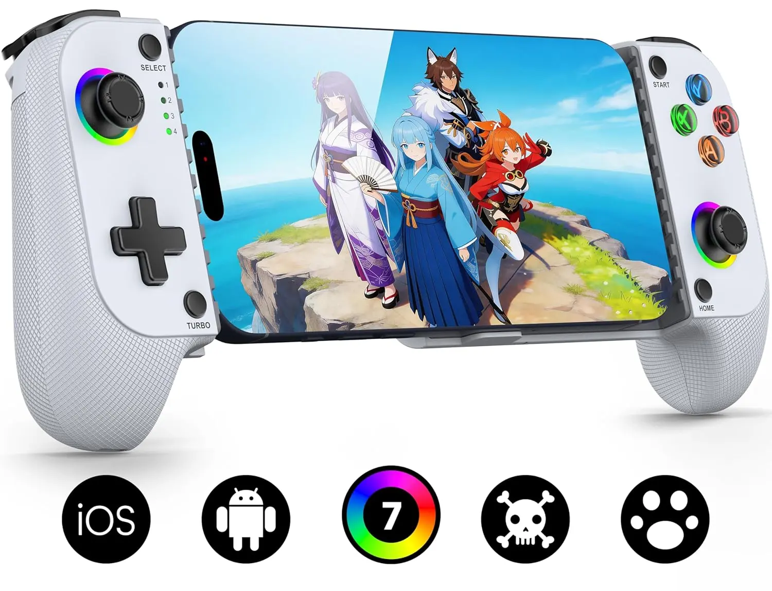 Mocagen MC1 Bluetooth Wireless Smartphone Mobile Game Controller - Adjustable Hall Effect Joystick, Enhanced Grip, Case-Friendly, 7-Color Lights, Turbo Buttons, Travel Dust Bag for iPhone (All Models) & Android