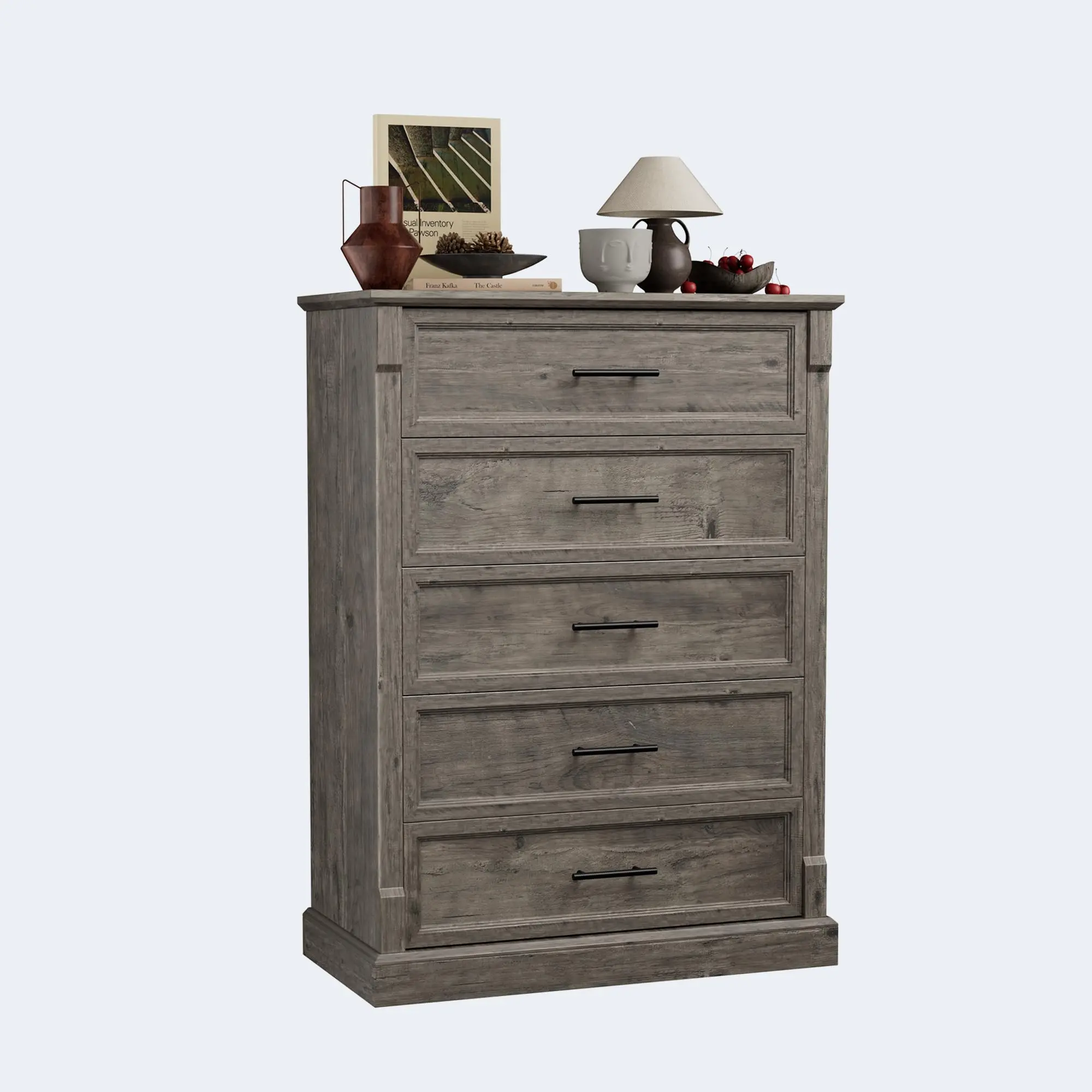 Garvee Farmhouse 5 Drawer Dresser with Metal Handles, Rustic Grey Wooden Tall Chest of Drawers, Versatile for Bedroom, Living Room, Hallway, and TV Stand