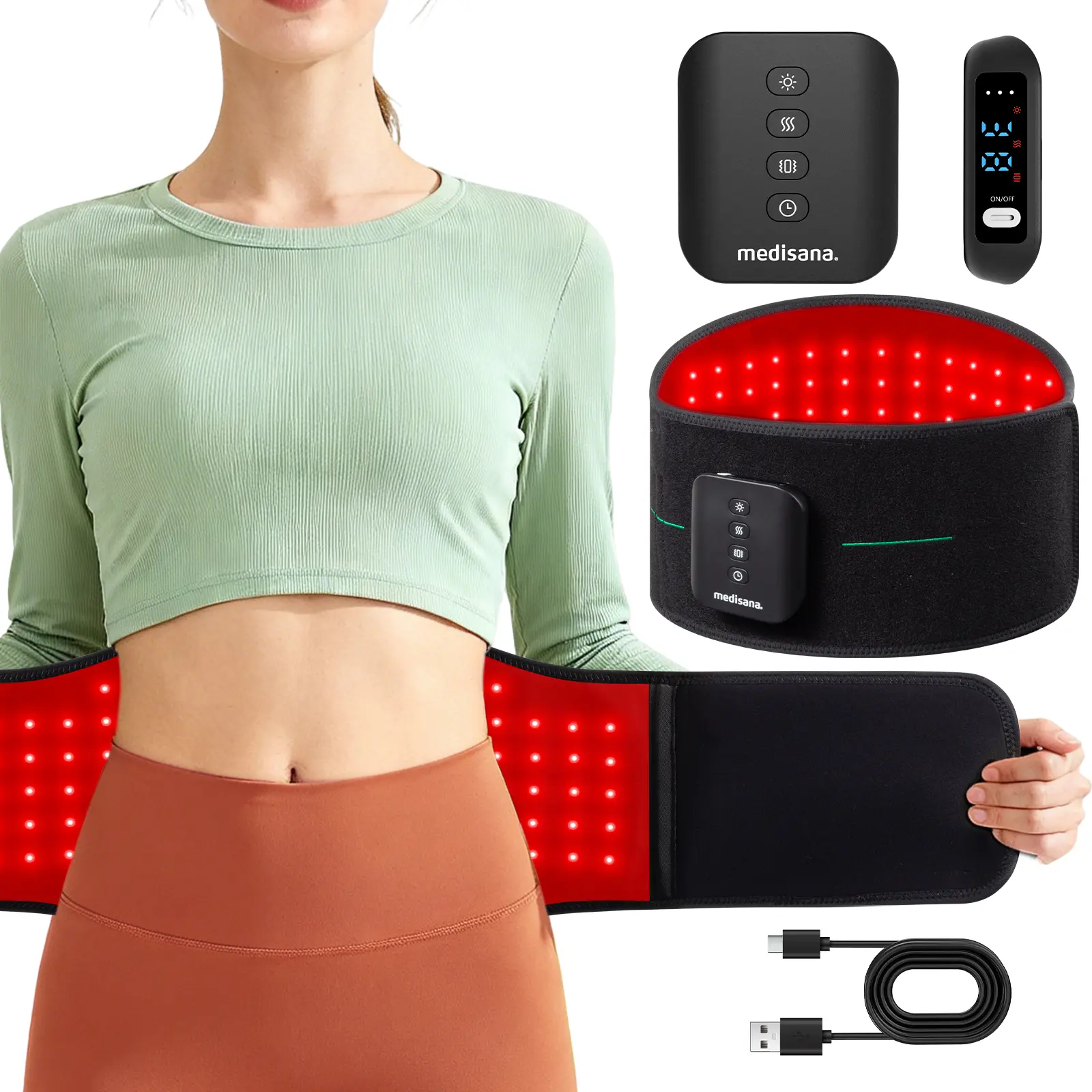Medisana Red Light Therapy Belt 3-in-1, Cordless & Portable Infrared Red Light Therapy for Body with Red Light/Pulse/Heat/Vibration - 660nm/850nm for Back Pain Relief, Adjustable Fit for Waist & Back 2 Year Warranty