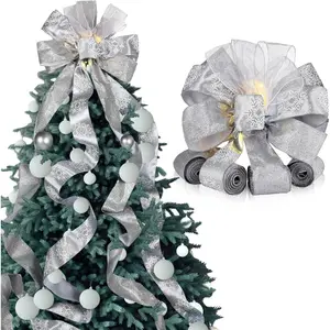 Large Christmas Tree Topper Bow 12.6 X 118 inch Lighted up Christmas Bow with 4 X 3 Yards Ribbon Streamers for Xmas Christmas Tree Decor(Grey )