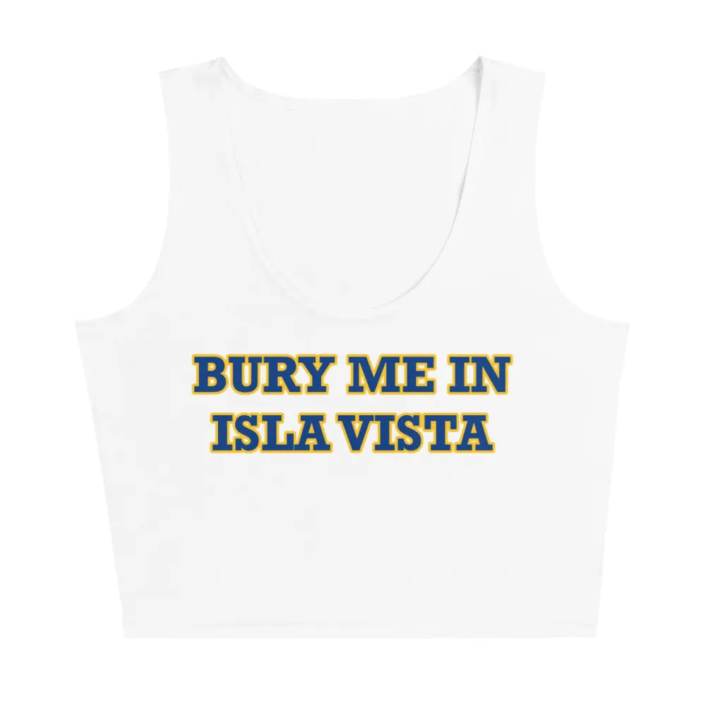 UCSB Isla Vista Crop Tank - White Spandex Casual Top with Text Design