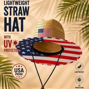 Premium USA Flag Wide Brim Straw Hat – Breathable Sun Protection Hat for Men & Women Outdoors, UV Protective Wide Brim Outdoor Hat for Summer Wear