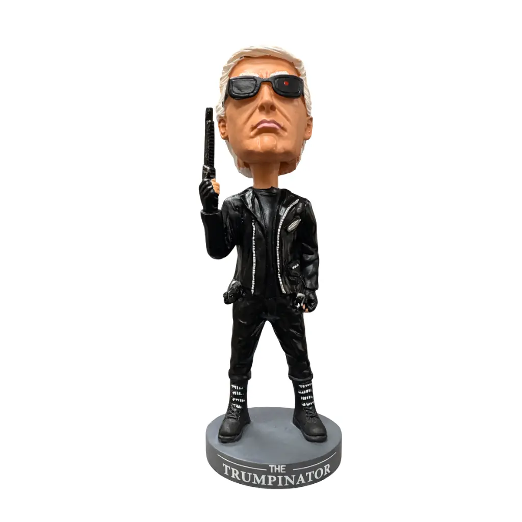 Cyberpunk Trumpinator Bobblehead - Abe's Gifts Washington DC 7in Collectible Statue, Lighted Replica Figurine with Exaggerated Facial Features, Glowing Red Cyborg Eye Detail