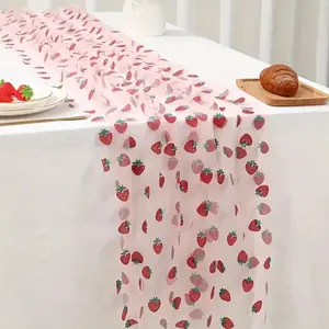 2026 Pink Strawberry Mesh Tablecloth & Table Runner Set, Sweet Fruit Pattern Decor for Party, Wedding and Holiday