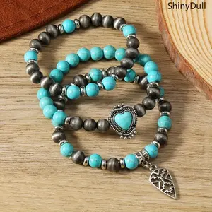 ShinyDull Unisex Boho Turquoise Bead Sports Wristbands 3-Piece Set Heart Pendant Chain Wristbands for Women Elegant Design Versatile Wear Perfect Gift