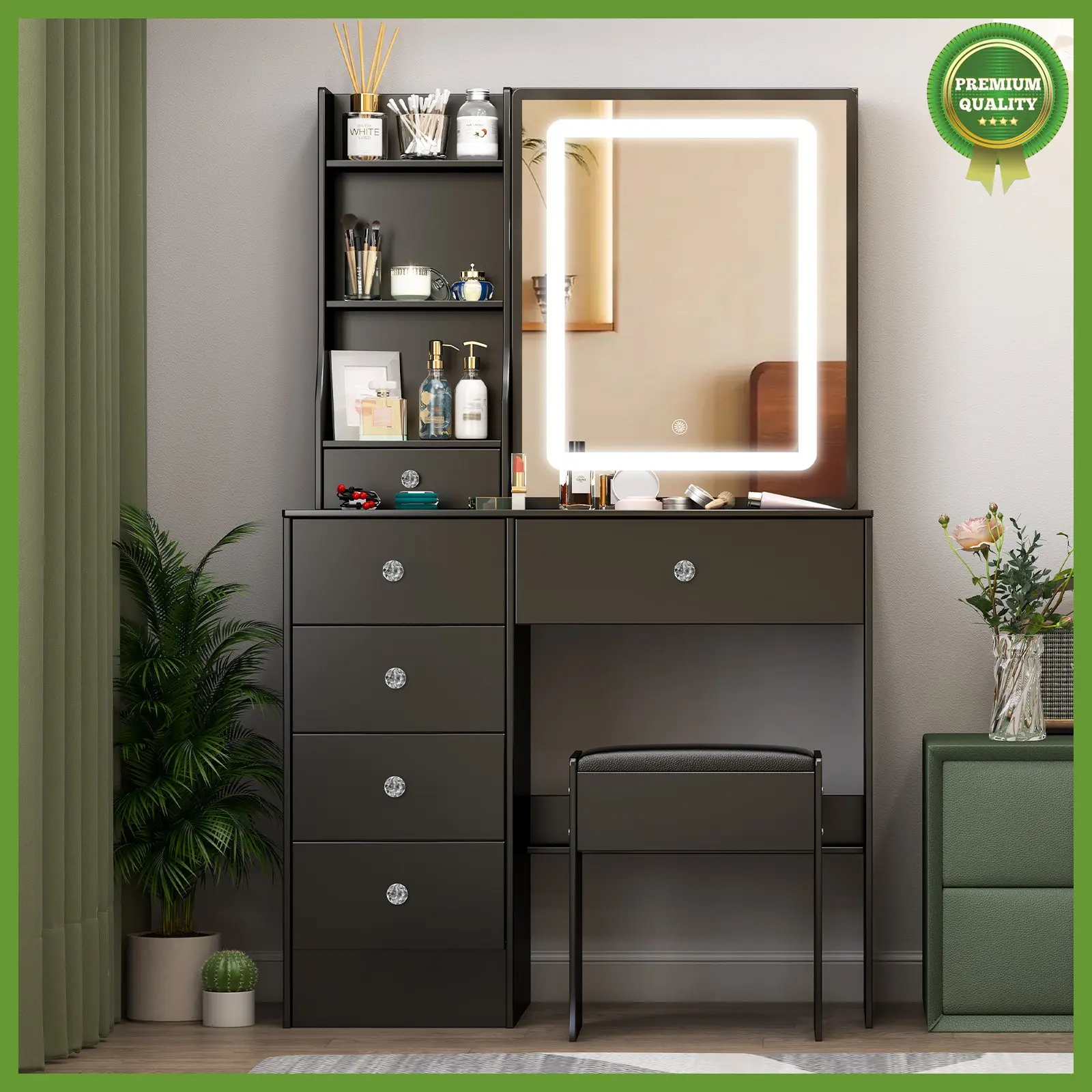 LED Lighted Dressing Table w/ LED Sliding Mirror Vanity Makeup Desk w/ 6 Drawers