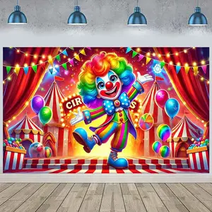 1pc Circus Backdrop Mardi Gras Theme Clown Colorful Balloons Tents Lights Polyester for Birthday Anniversary Holiday Celebration Festive Atmosphere