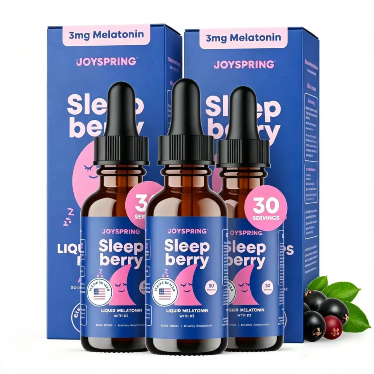 JoySpring SleepBerry 3mg Drops, Berry, 1 fl oz, 30 Ct | With L-theanine and Vitamin D plus soothing botanicals, supports calm, restful nights, non-habit forming, sugar-free