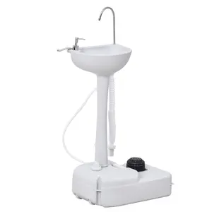 Portable Hand Washing Station for Outdoors, 4.5 Gal Camping Sink with Rolling Wheels, Soap Dispenser, Towel Holder, Foot Pump, HDPE White, 15.75"-59" Drain Hose, for RV Camping Tailgating Boating, No Tool Assembly, Easy to Move